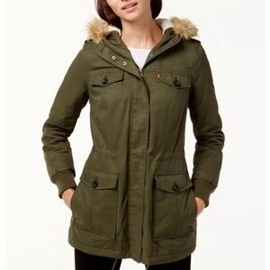 Levi's Sherpa Lined Anorak Jacket Olive Green Faux Fur Hood Womens Size Large